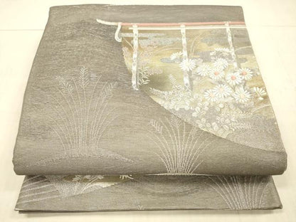 平和屋着物＊夏物 六通柄袋帯 唐織 扇面草花文 金銀糸 正絹 逸品 DAAX5690cm