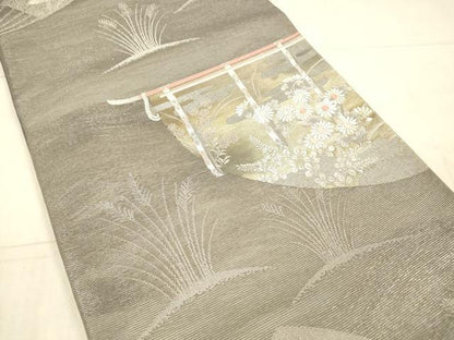 平和屋着物＊夏物 六通柄袋帯 唐織 扇面草花文 金銀糸 正絹 逸品 DAAX5690cm