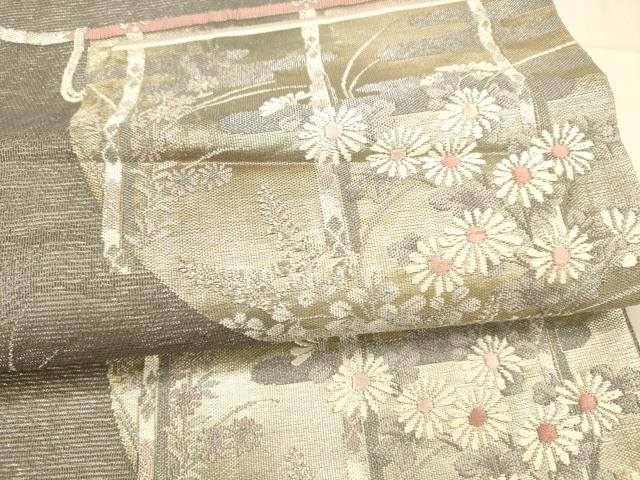 平和屋着物＊夏物 六通柄袋帯 唐織 扇面草花文 金銀糸 正絹 逸品 DAAX5690cm