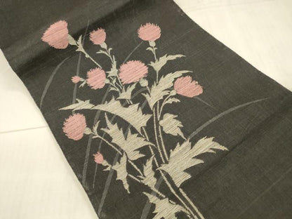 平和屋着物＊夏物 八寸名古屋帯 草花文 黒地 正絹 逸品 DAAX5695cm