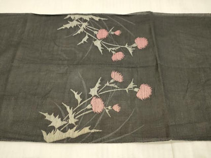平和屋着物＊夏物 八寸名古屋帯 草花文 黒地 正絹 逸品 DAAX5695cm