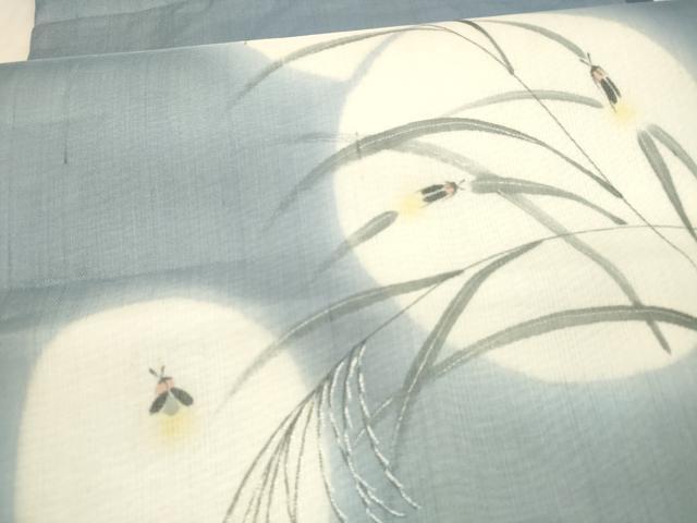 平和屋着物＊夏物 絹芭蕉 太鼓柄袋帯 草葉文 蛍 銀糸 正絹 逸品 DAAX5701cm