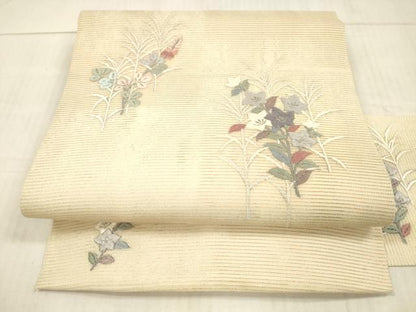 平和屋着物＊夏物 銀座きしや 九寸名古屋帯 総刺繍 草花文 金銀糸 正絹 逸品 DAAX5708cm