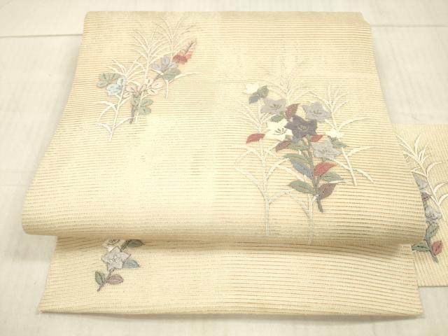 平和屋着物＊夏物 銀座きしや 九寸名古屋帯 総刺繍 草花文 金銀糸 正絹 逸品 DAAX5708cm
