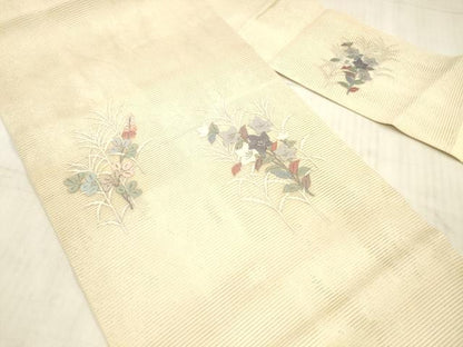 平和屋着物＊夏物 銀座きしや 九寸名古屋帯 総刺繍 草花文 金銀糸 正絹 逸品 DAAX5708cm