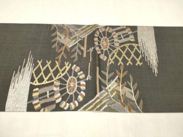平和屋着物＊夏物 太鼓柄袋帯 渡橋水車草葉文 金銀糸 正絹 逸品 DAAX5712cm
