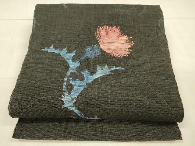 平和屋着物＊夏物 西陣 八寸名古屋帯 枝花文 黒地 正絹 逸品 DAAX5738cm