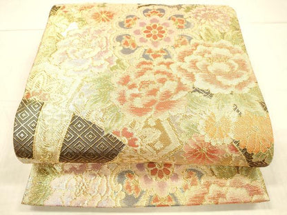 平和屋着物▼佐賀錦　六通柄袋帯　草花文　金糸　正絹　逸品　DAAX5755cm