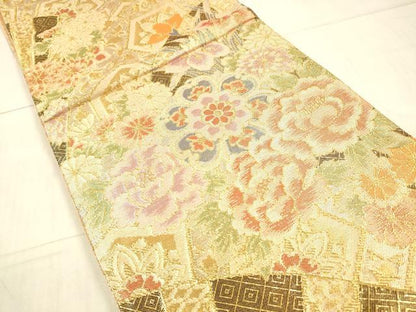 平和屋着物▼佐賀錦　六通柄袋帯　草花文　金糸　正絹　逸品　DAAX5755cm