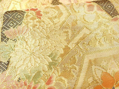 平和屋着物▼佐賀錦　六通柄袋帯　草花文　金糸　正絹　逸品　DAAX5755cm