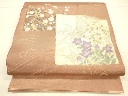 平和屋着物●太鼓柄袋帯　流水草花文　金糸　正絹　逸品　DAAX5756cm