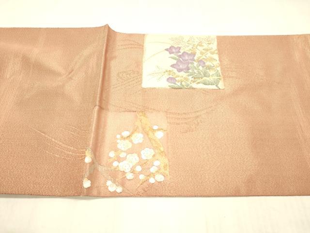 平和屋着物●太鼓柄袋帯　流水草花文　金糸　正絹　逸品　DAAX5756cm