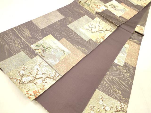 平和屋着物●六通柄袋帯　風景流水枝花文　金糸　正絹　逸品　DAAX5757cm