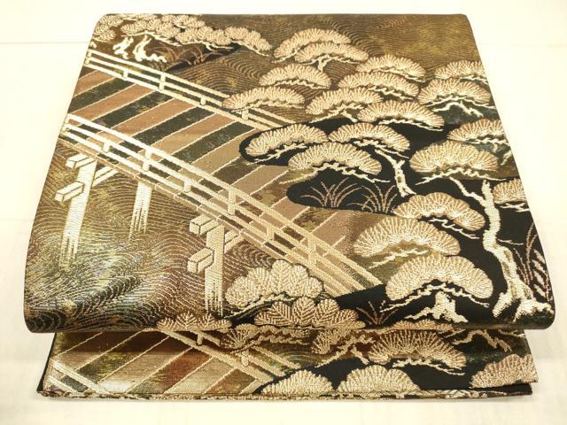 平和屋着物●六通柄袋帯　流水渡橋松文　金糸　正絹　逸品　DAAX5773cm