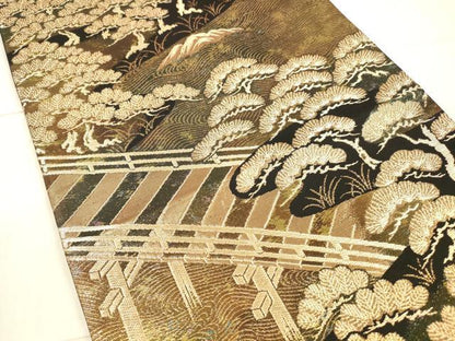 平和屋着物●六通柄袋帯　流水渡橋松文　金糸　正絹　逸品　DAAX5773cm