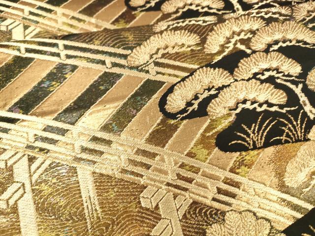 平和屋着物●六通柄袋帯　流水渡橋松文　金糸　正絹　逸品　DAAX5773cm