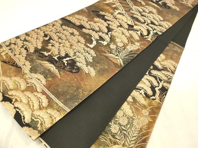 平和屋着物●六通柄袋帯　流水渡橋松文　金糸　正絹　逸品　DAAX5773cm