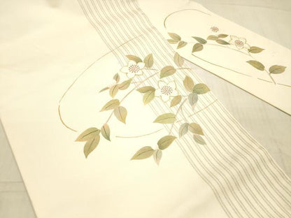 平和屋着物●九寸名古屋帯　手描き　駒刺繍　枝花文　金銀糸　正絹　逸品　DAAX5785cm