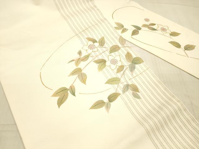 平和屋着物●九寸名古屋帯　手描き　駒刺繍　枝花文　金銀糸　正絹　逸品　DAAX5785cm