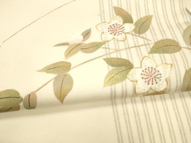 平和屋着物●九寸名古屋帯　手描き　駒刺繍　枝花文　金銀糸　正絹　逸品　DAAX5785cm