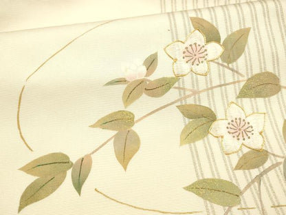 平和屋着物●九寸名古屋帯　手描き　駒刺繍　枝花文　金銀糸　正絹　逸品　DAAX5785cm