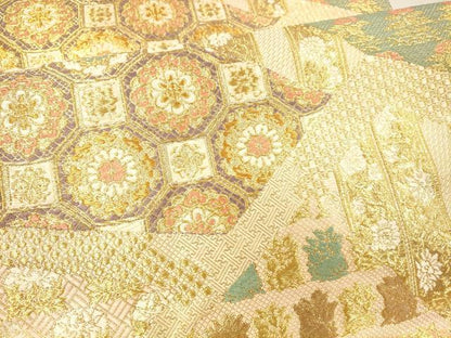 平和屋着物●六通柄袋帯　唐織　草花文　金糸　正絹　逸品　DAAX5795cm
