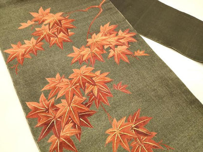 平和屋着物●アンティーク　大正ロマン　九寸名古屋帯　総手刺繍　枝葉文　楓　金糸　正絹　逸品　DAAX5812cm