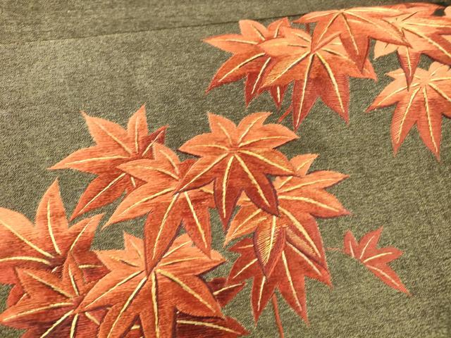 平和屋着物●アンティーク　大正ロマン　九寸名古屋帯　総手刺繍　枝葉文　楓　金糸　正絹　逸品　DAAX5812cm