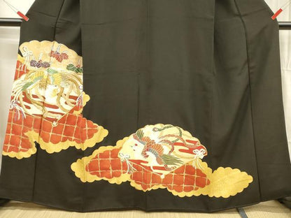 平和屋着物■豪華黒留袖 駒刺繍 鳳凰花唐草文 金彩 正絹 逸品 DAAX5859cm