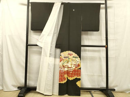 平和屋着物■豪華黒留袖 駒刺繍 鳳凰花唐草文 金彩 正絹 逸品 DAAX5859cm