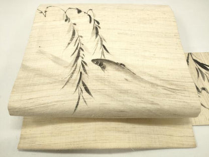 平和屋着物＊夏物 九寸名古屋帯 手描き 草葉文 魚 麻 逸品 DAAX5871cm
