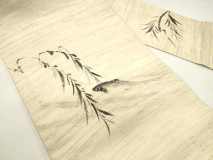 平和屋着物＊夏物 九寸名古屋帯 手描き 草葉文 魚 麻 逸品 DAAX5871cm