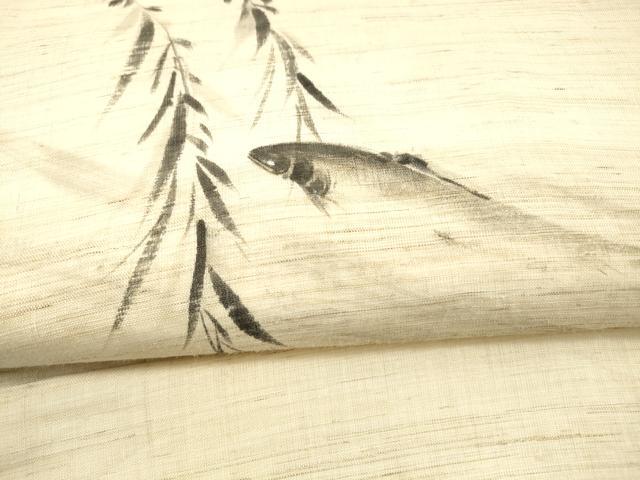 平和屋着物＊夏物 九寸名古屋帯 手描き 草葉文 魚 麻 逸品 DAAX5871cm