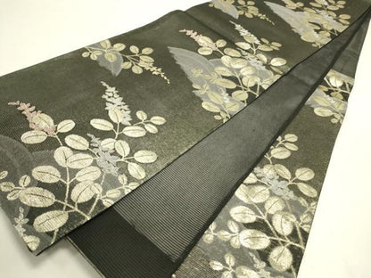 平和屋着物＊夏物　六通柄袋帯　流水草葉文　黒地　金銀糸　正絹　逸品　DAAX5910cm