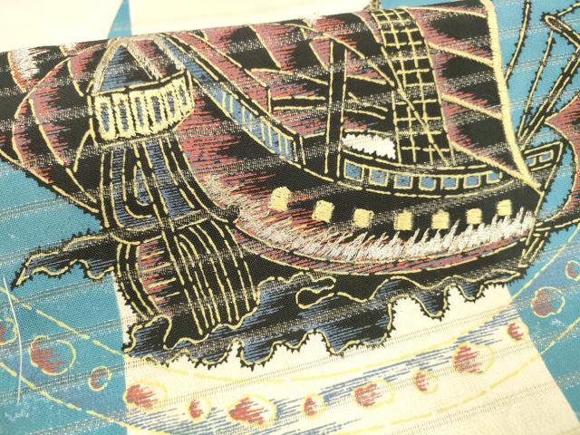 平和屋着物＊夏物 アンティーク 大正ロマン 九寸名古屋帯 花舟文 銀糸 正絹 逸品 DAAX5921cm