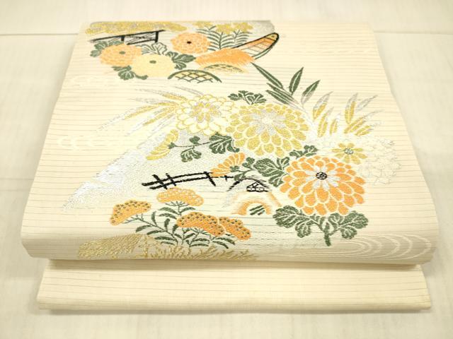 平和屋着物＊夏物 アンティーク 大正ロマン 丸帯 引き抜き帯 風景草花文 金銀糸 正絹 逸品 DAAX5932cm