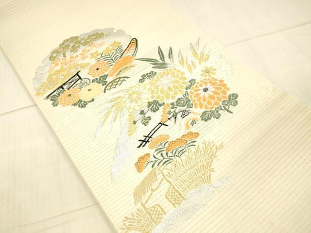 平和屋着物＊夏物 アンティーク 大正ロマン 丸帯 引き抜き帯 風景草花文 金銀糸 正絹 逸品 DAAX5932cm