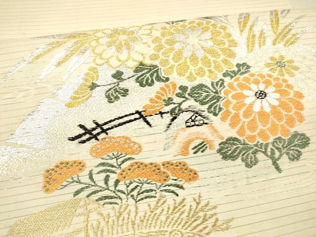 平和屋着物＊夏物 アンティーク 大正ロマン 丸帯 引き抜き帯 風景草花文 金銀糸 正絹 逸品 DAAX5932cm