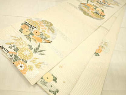 平和屋着物＊夏物 アンティーク 大正ロマン 丸帯 引き抜き帯 風景草花文 金銀糸 正絹 逸品 DAAX5932cm