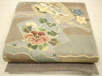 平和屋着物＊夏物　太鼓柄袋帯　飛鳥草花文　金銀糸　正絹　逸品　DAAX5938cm
