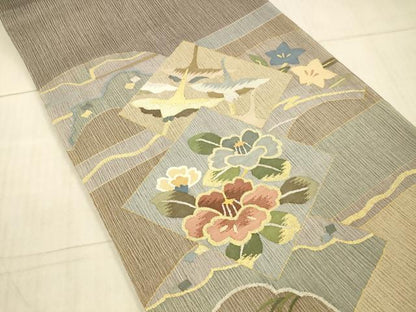 平和屋着物＊夏物　太鼓柄袋帯　飛鳥草花文　金銀糸　正絹　逸品　DAAX5938cm