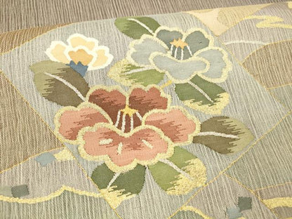 平和屋着物＊夏物　太鼓柄袋帯　飛鳥草花文　金銀糸　正絹　逸品　DAAX5938cm