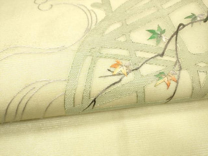 平和屋着物＊夏物　九寸名古屋帯　作家物　刺繍　流水籬草葉文　銀糸　正絹　逸品　DAAX5959cm