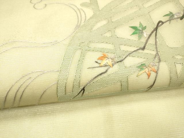 平和屋着物＊夏物　九寸名古屋帯　作家物　刺繍　流水籬草葉文　銀糸　正絹　逸品　DAAX5959cm