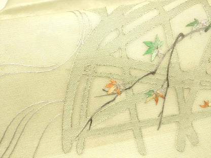 平和屋着物＊夏物　九寸名古屋帯　作家物　刺繍　流水籬草葉文　銀糸　正絹　逸品　DAAX5959cm