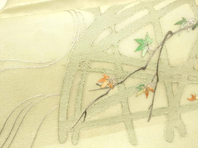 平和屋着物＊夏物　九寸名古屋帯　作家物　刺繍　流水籬草葉文　銀糸　正絹　逸品　DAAX5959cm