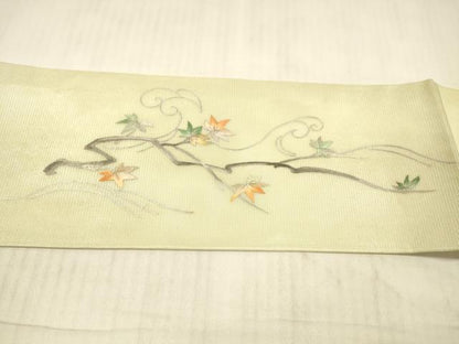平和屋着物＊夏物　九寸名古屋帯　作家物　刺繍　流水籬草葉文　銀糸　正絹　逸品　DAAX5959cm