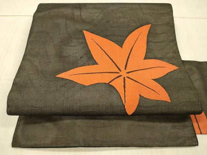 平和屋着物＊夏物 九寸名古屋帯 舞葉文 黒地 正絹 逸品 DAAX5965cm
