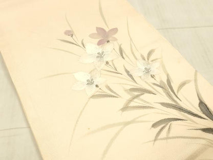 平和屋着物＊夏物 九寸開き名古屋帯 作家物 手描き 刺繍 草花文 銀彩 正絹 逸品 DAAX5973cm