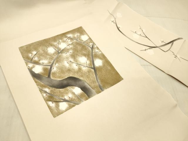 平和屋着物●九寸名古屋帯　手描き　枝梅文　正絹　逸品　DAAX5982cm